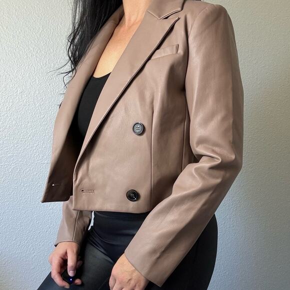 MAEVE Tan & Black Cropped Faux Leather Blazer Jacket Size 6 Medium - Picture 3 of 7